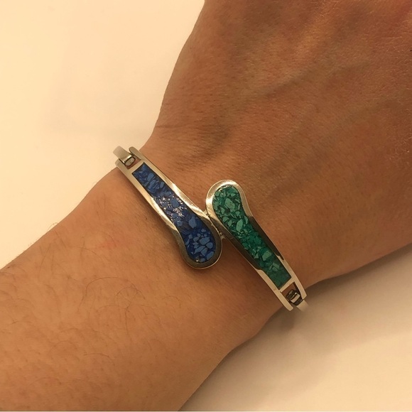 Vtg Taxco Sterling Blue Green Crushed Turquoise Pinch Bracelet 6.3” / 2” - Picture 3 of 6